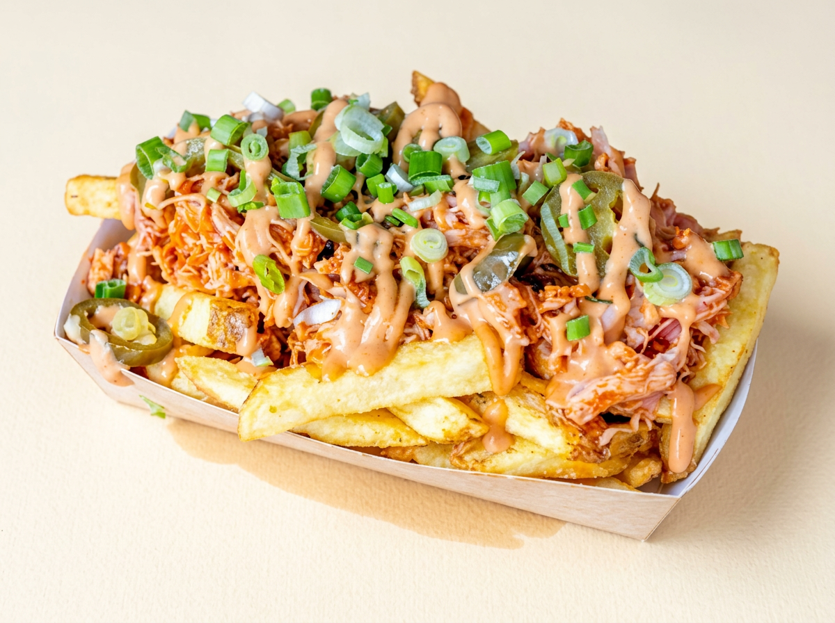 Loaded fries met pulled chicken, jalapeño en bosui